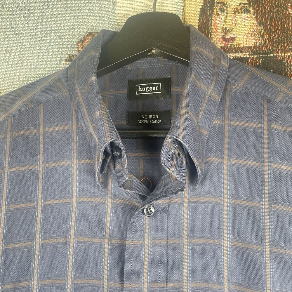Haggar Men's Dress Shirt Medium No Iron 100% Cotton Blue Multi-Color Stripe